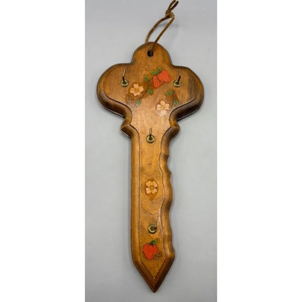 Vtg Decorative Wooden Key Shaped Wall Hook Strawberry Flower Hanging